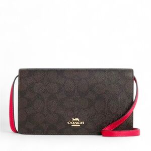 COACH Anna Foldover Clutch Crossbody Bag In Signature Canvas Brown & Red